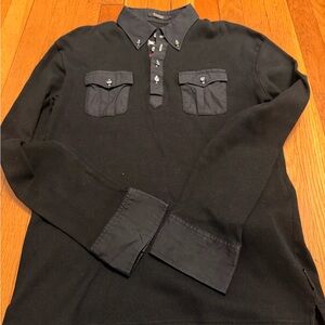 Burberry Black Long-Sleeve Knit Polo with Button-Down Collar